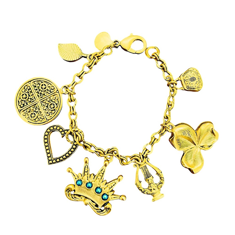 NOS Irish Fanciful Charm Bracelet 7” Gold Tone